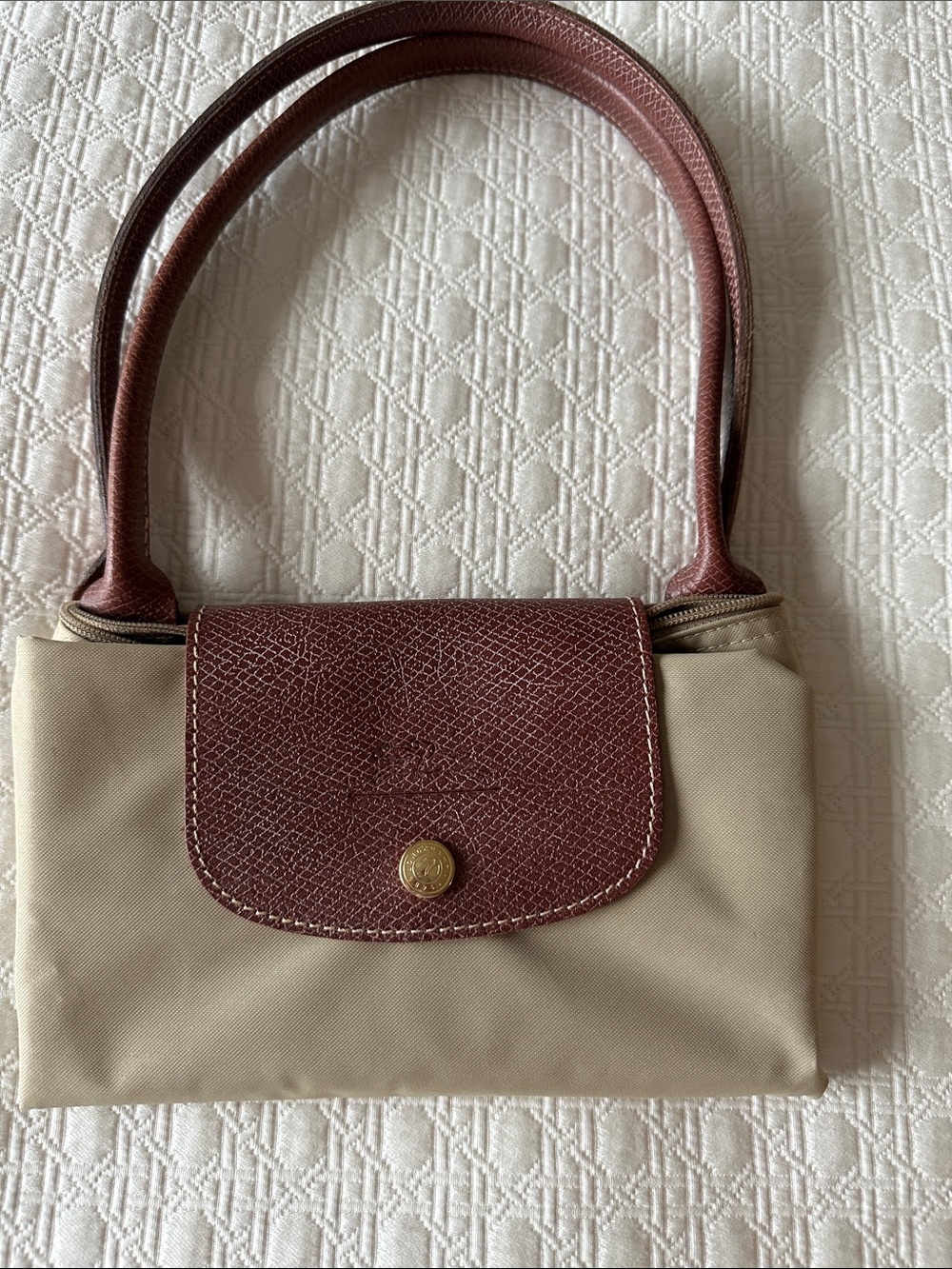 Longchamp Beige Shoulder Bag with Brown leather trim